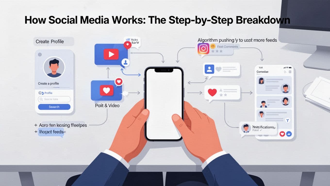 Modern illustration in clean shapes showing a user creating a profile, posting a video, gaining likes and comments, algorithm boosting to more feeds, and notifications popping up in a simple flowchart style on a desk with phone.