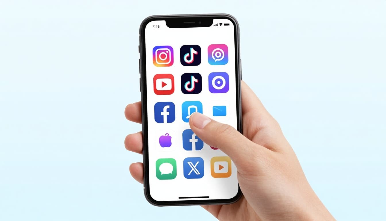 Smartphone held by a teen's hand displaying a grid of colorful icons for Instagram, TikTok, YouTube, Facebook, and X apps, with the hand pointing to the TikTok icon. Modern illustration in pastel blues, pinks, and whites with clean shapes and centered composition.